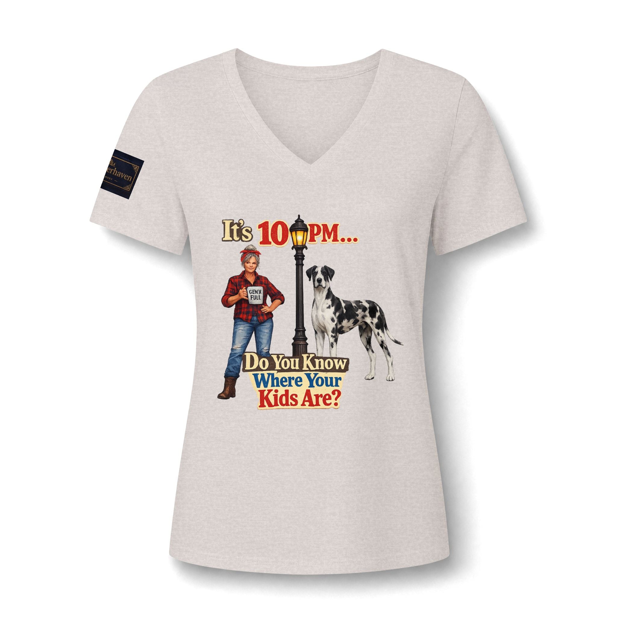V-Neck Tee — "It's 10 PM... Do You Know Where Your Kids Are?" Retro Dog Graphic