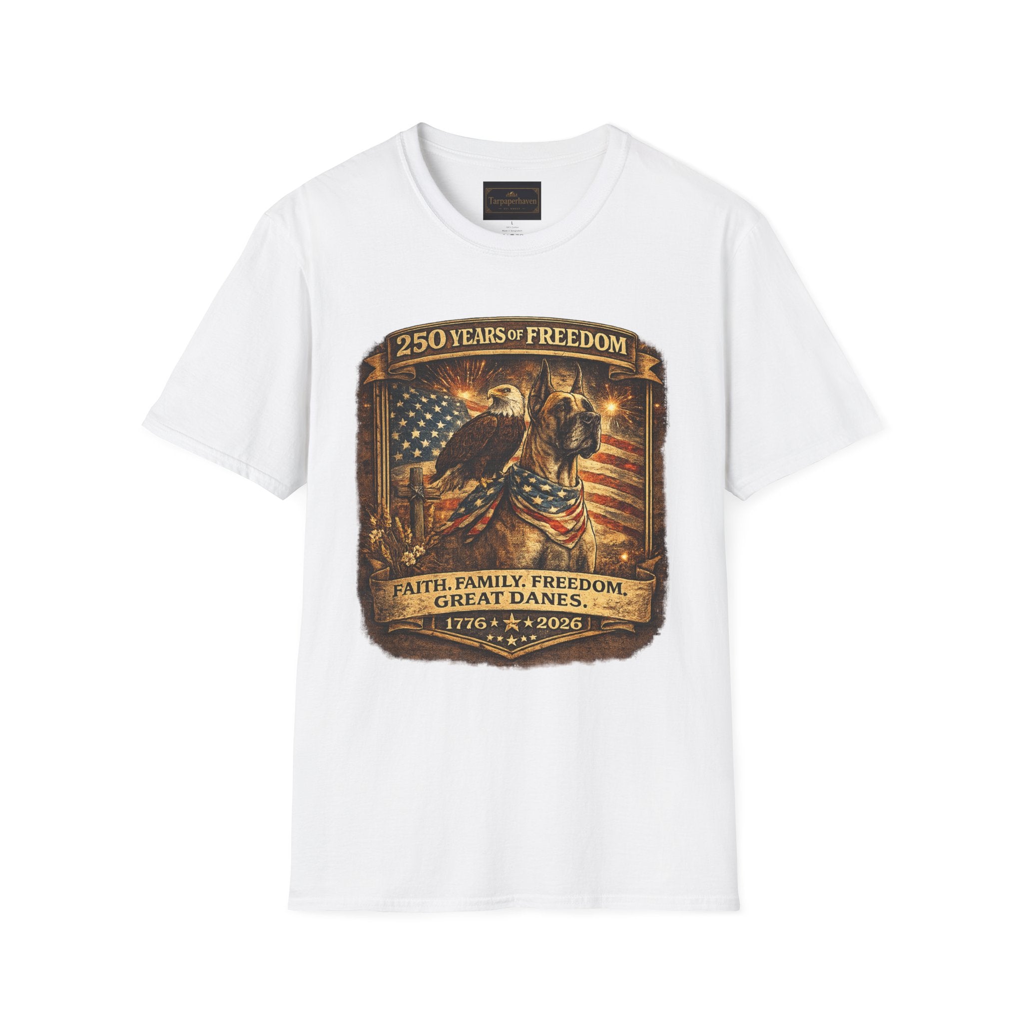 250 Years — Patriotic Bald Eagle & Great Dane  American Flag Tee