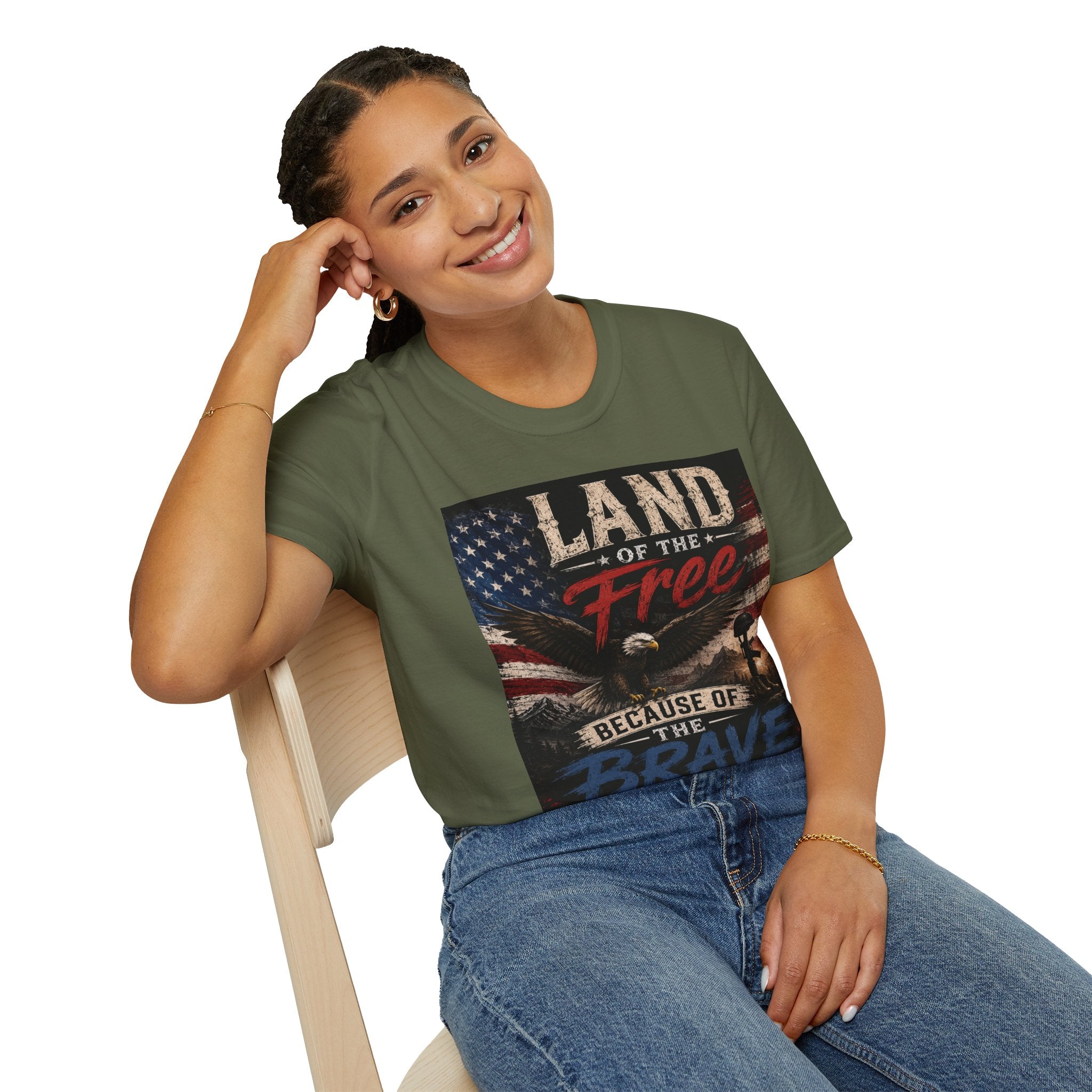 Land of the Free T‑Shirt — Vintage American Flag & Bald Eagle "Because of the Brave"