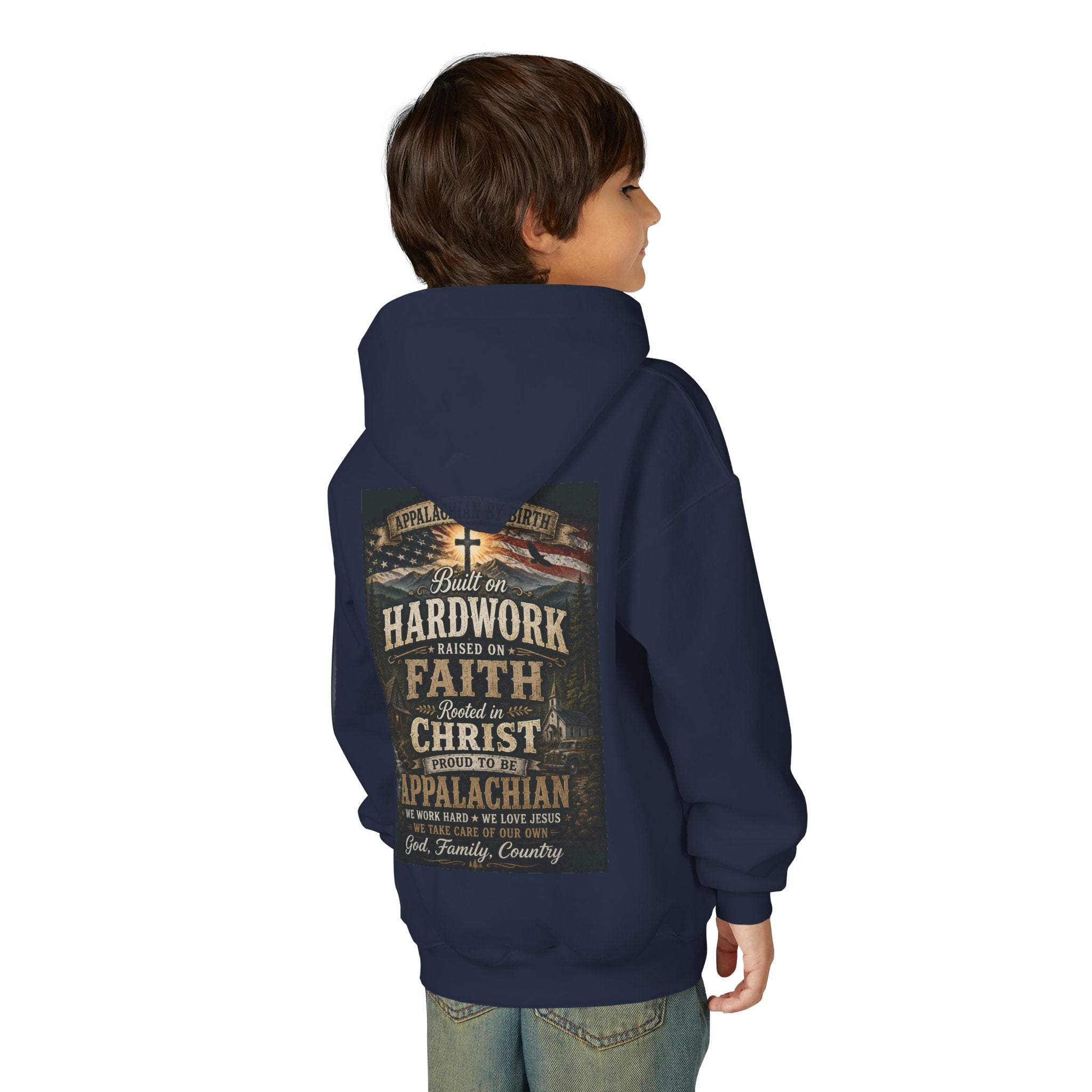 Youth Hoodie — 'Too Country to Care' / Appalachian Faith Graphic