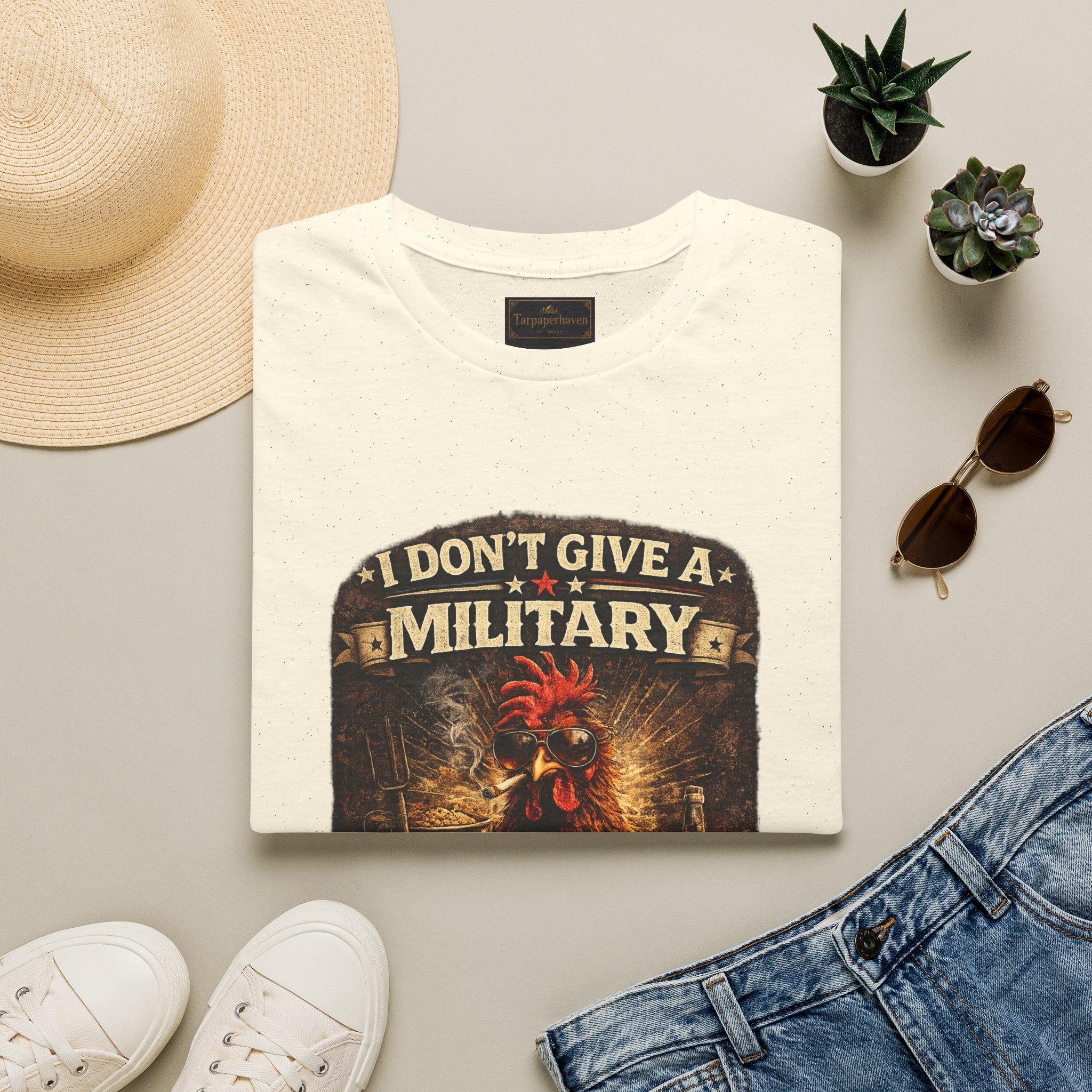 T‑Shirt — "I Don't Give A Military Cluck" Rooster Graphic Tee
