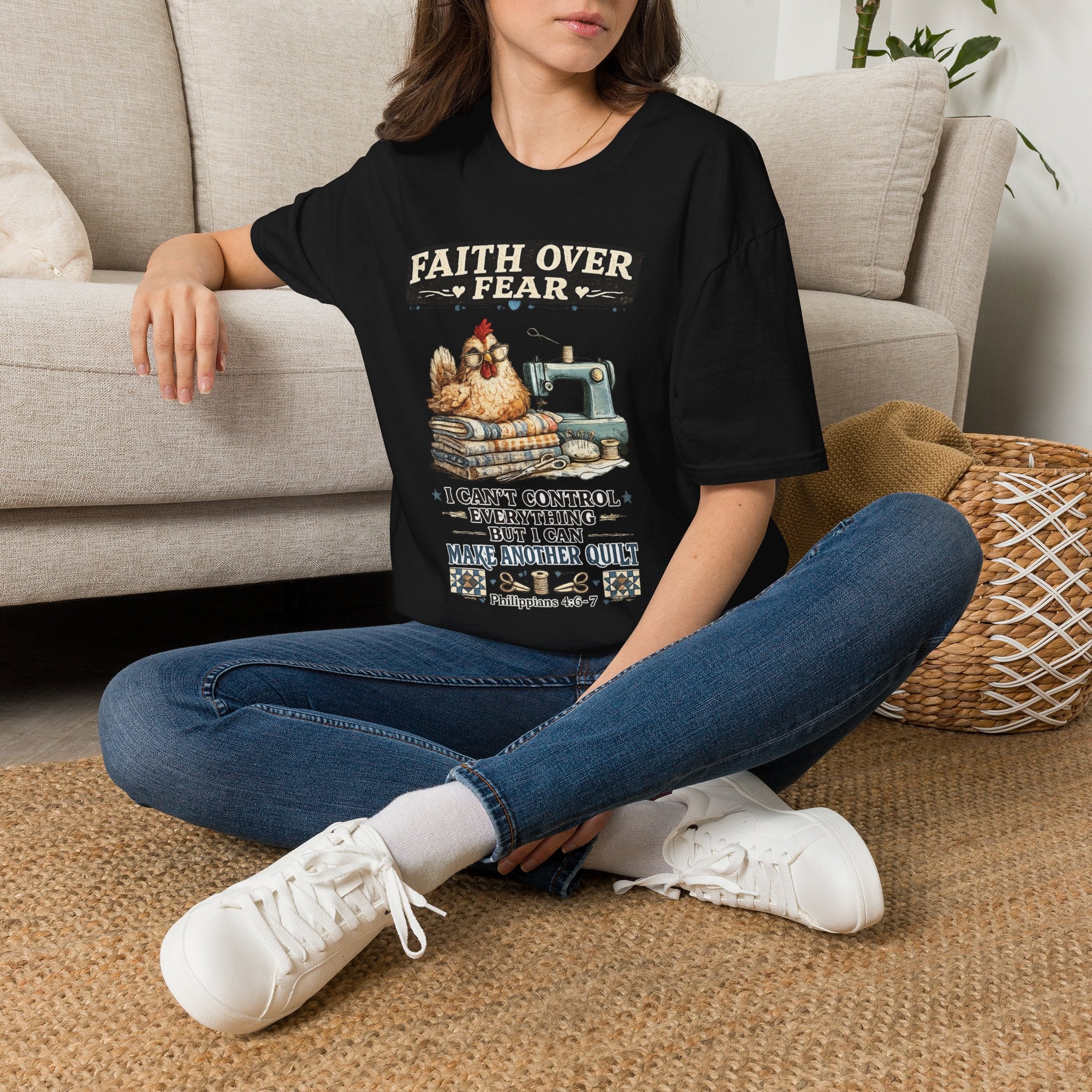 Faith Over Fear Quilting T‑Shirt — Chicken & Sewing Machine Graphic