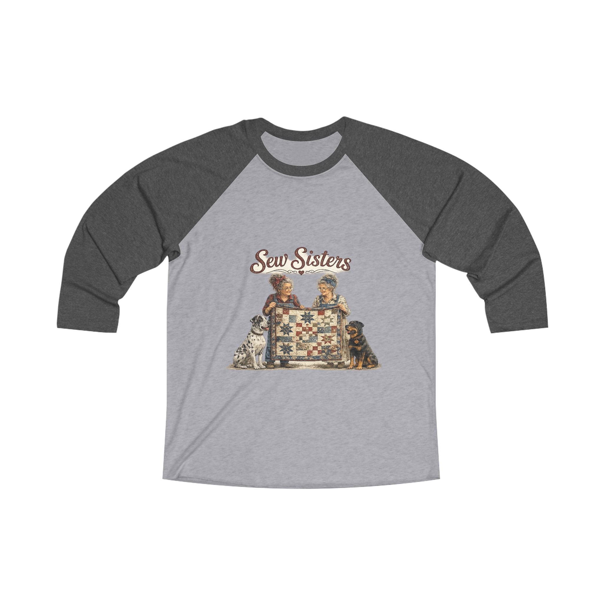 Sew Sisters & Dogs Raglan Tee – Vintage Quilt & Sewing Graphic