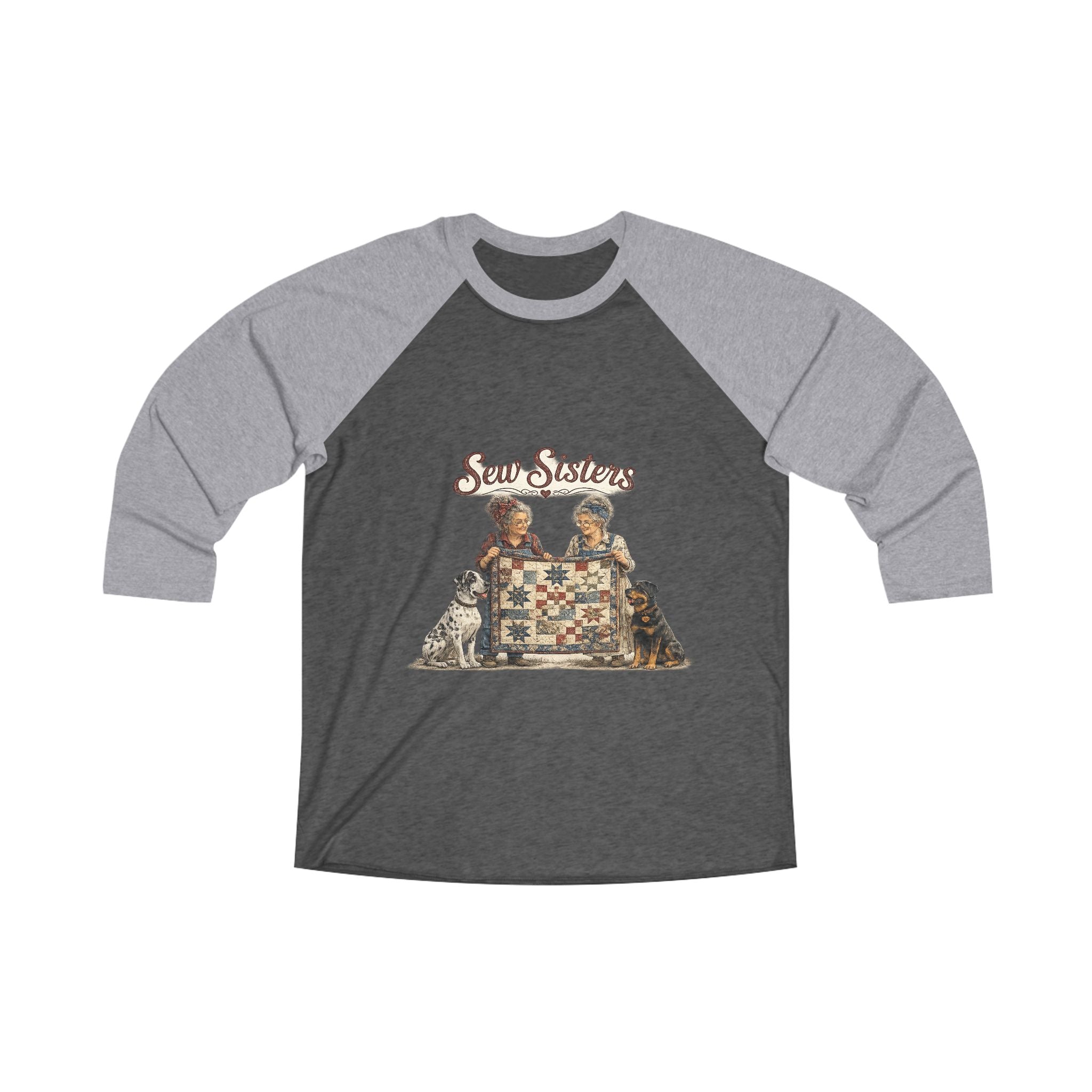 Sew Sisters & Dogs Raglan Tee – Vintage Quilt & Sewing Graphic