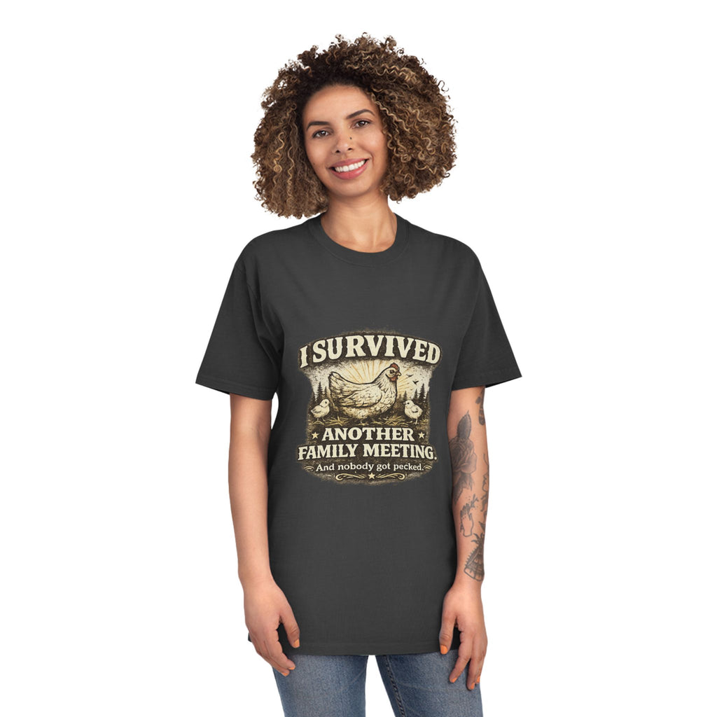 T-Shirt — "I Survived Another Family Meeting" Vintage Chicken Humor Tee