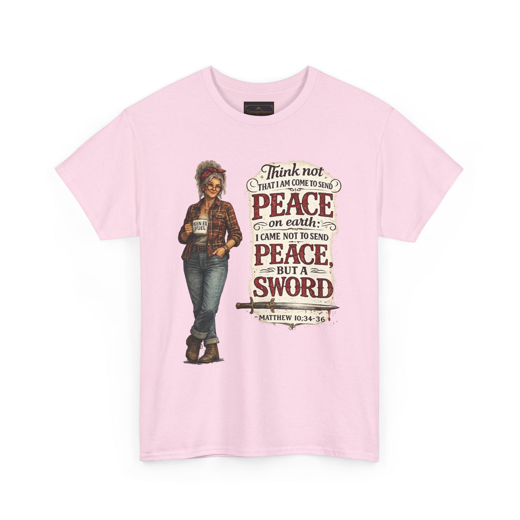 Christian Faith Tee — "I Come Not to Send Peace but a Sword" Matthew 10:34 Graphic Shirt