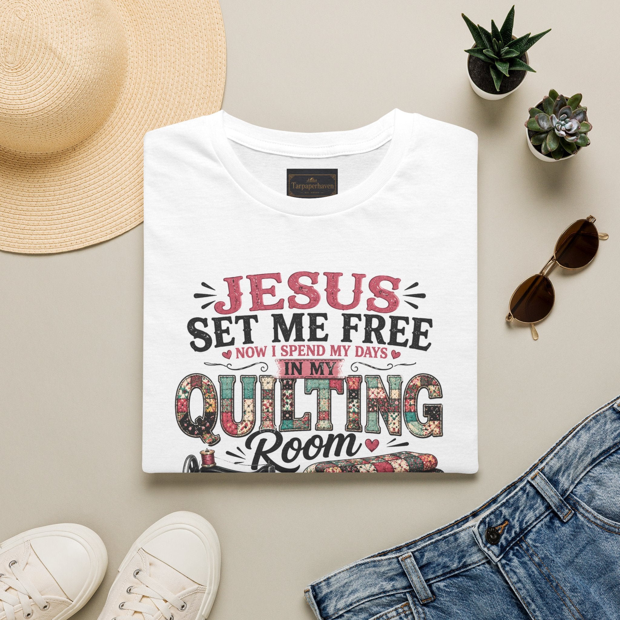 Quilting T-Shirt — "Jesus Set Me Free" Faithful Quilter Tee