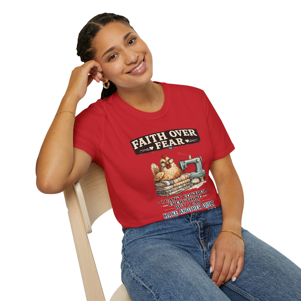 Faith Over Fear Quilting T‑Shirt — Chicken & Sewing Machine Graphic