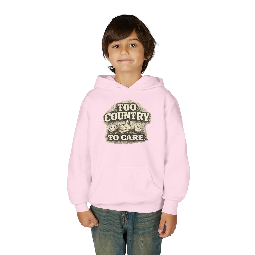 Youth Hoodie — 'Too Country to Care' / Appalachian Faith Graphic