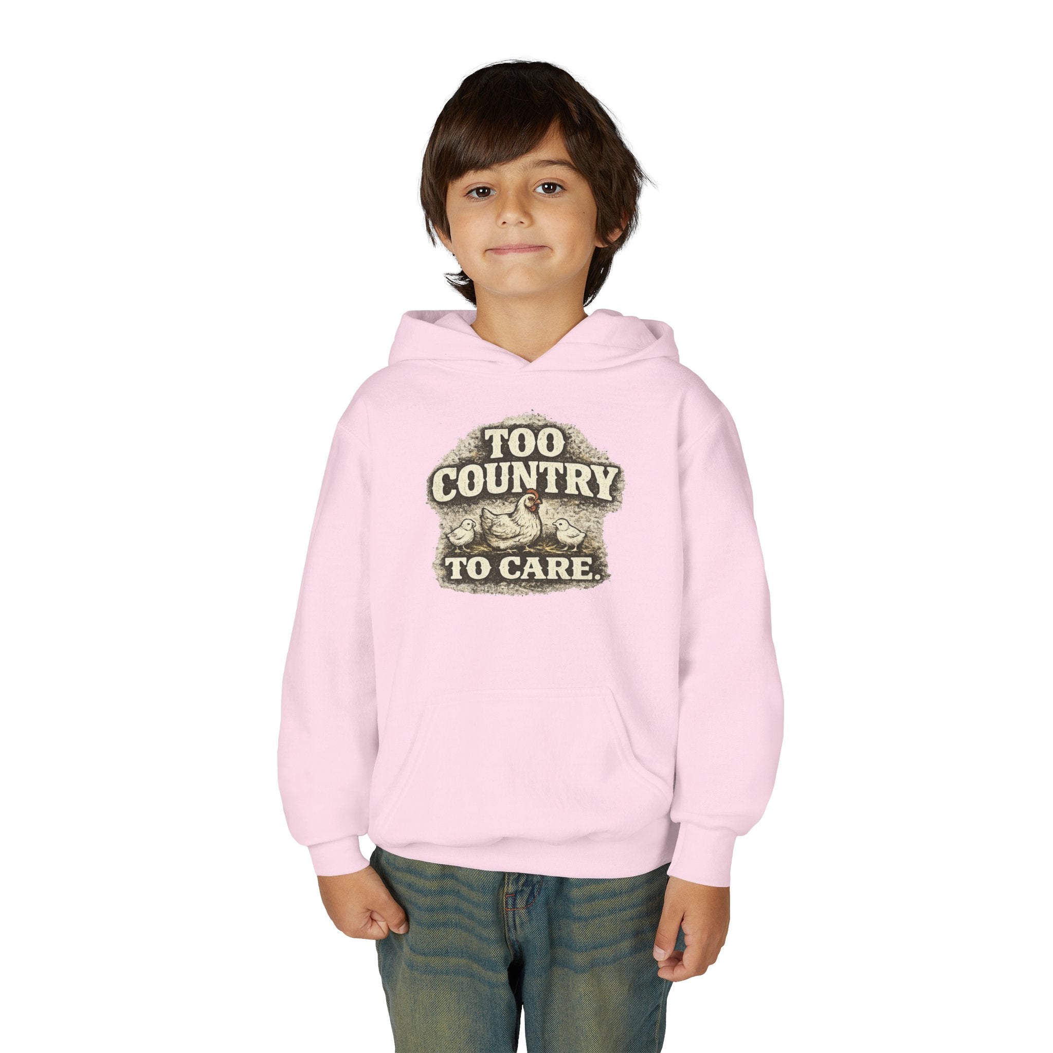 Youth Hoodie — 'Too Country to Care' / Appalachian Faith Graphic