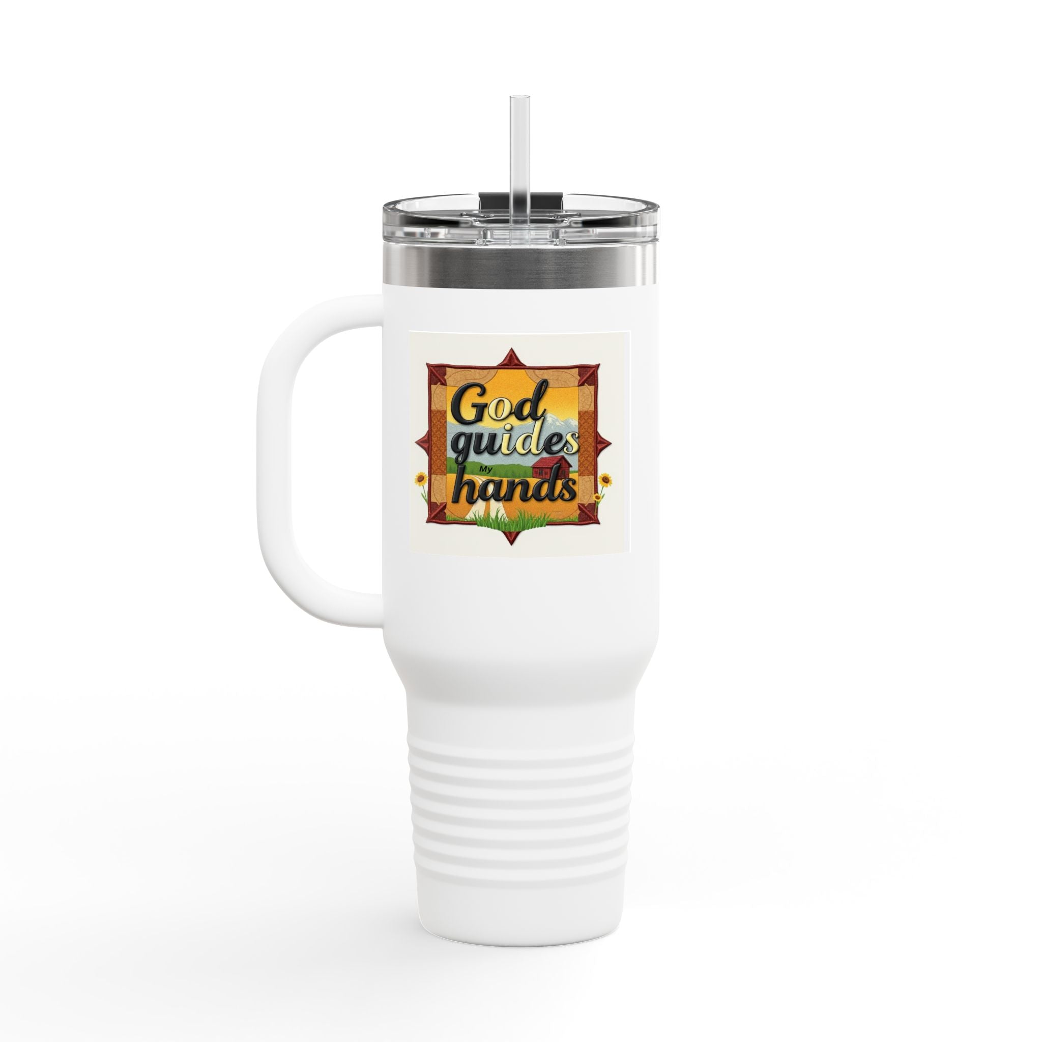 40oz Insulated Travel Mug — "God Guides My Hands" Inspirational Tumbler