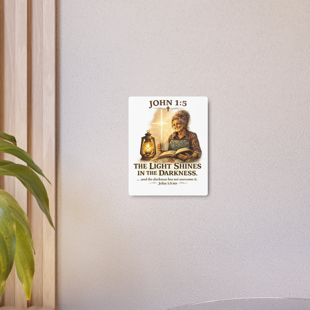 Metal Sign – John 1:5 "The Light Shines in the Darkness" Inspirational Christian Wall Art