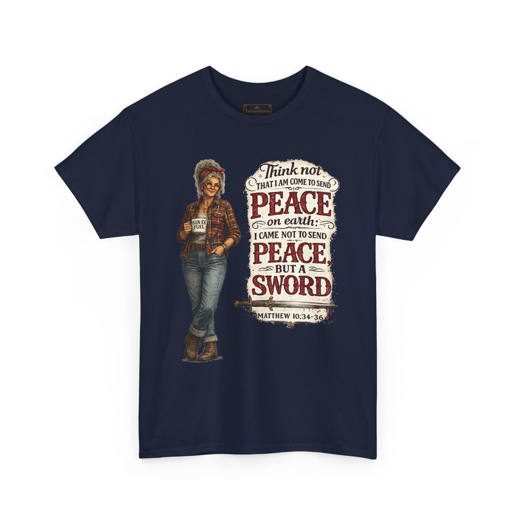 Christian Faith Tee — "I Come Not to Send Peace but a Sword" Matthew 10:34 Graphic Shirt