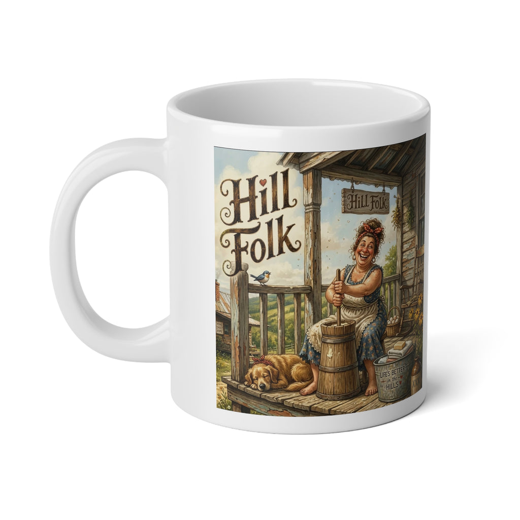 Jumbo Mug — 'Hill Folk' Country Porch butter churn  Scene 20oz Ceramic Coffee Cup