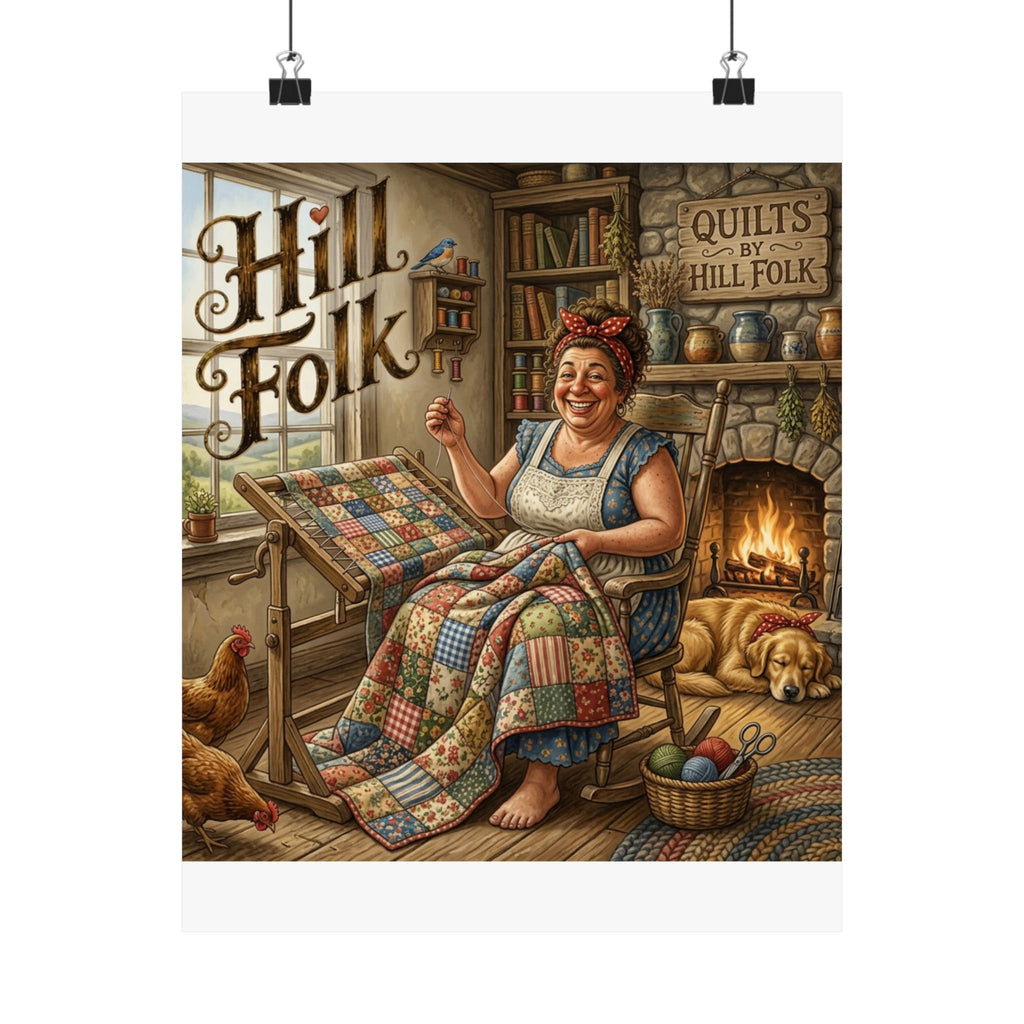 American Hill Folk Quilting Woman Satin Poster