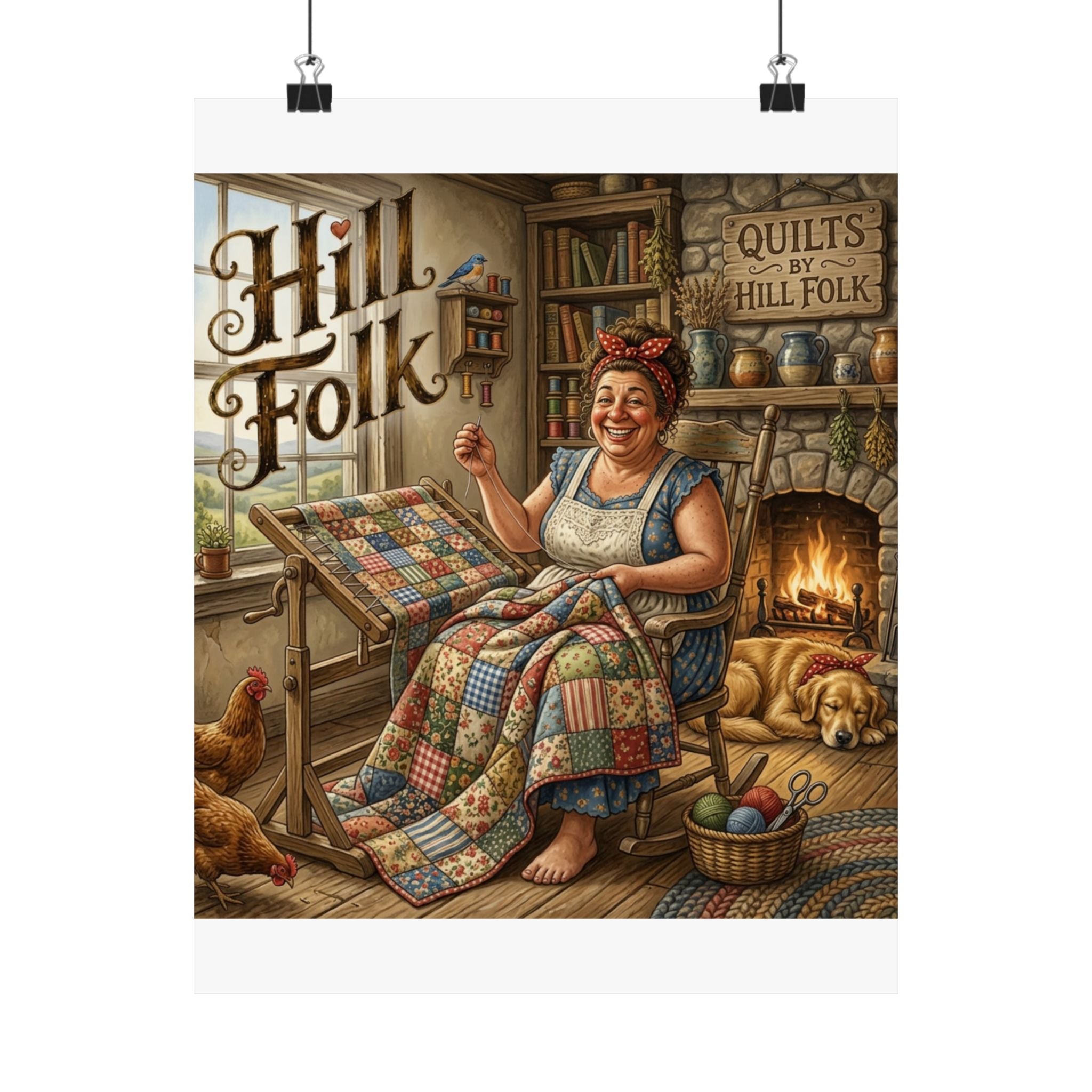 American Hill Folk Quilting Woman Satin Poster