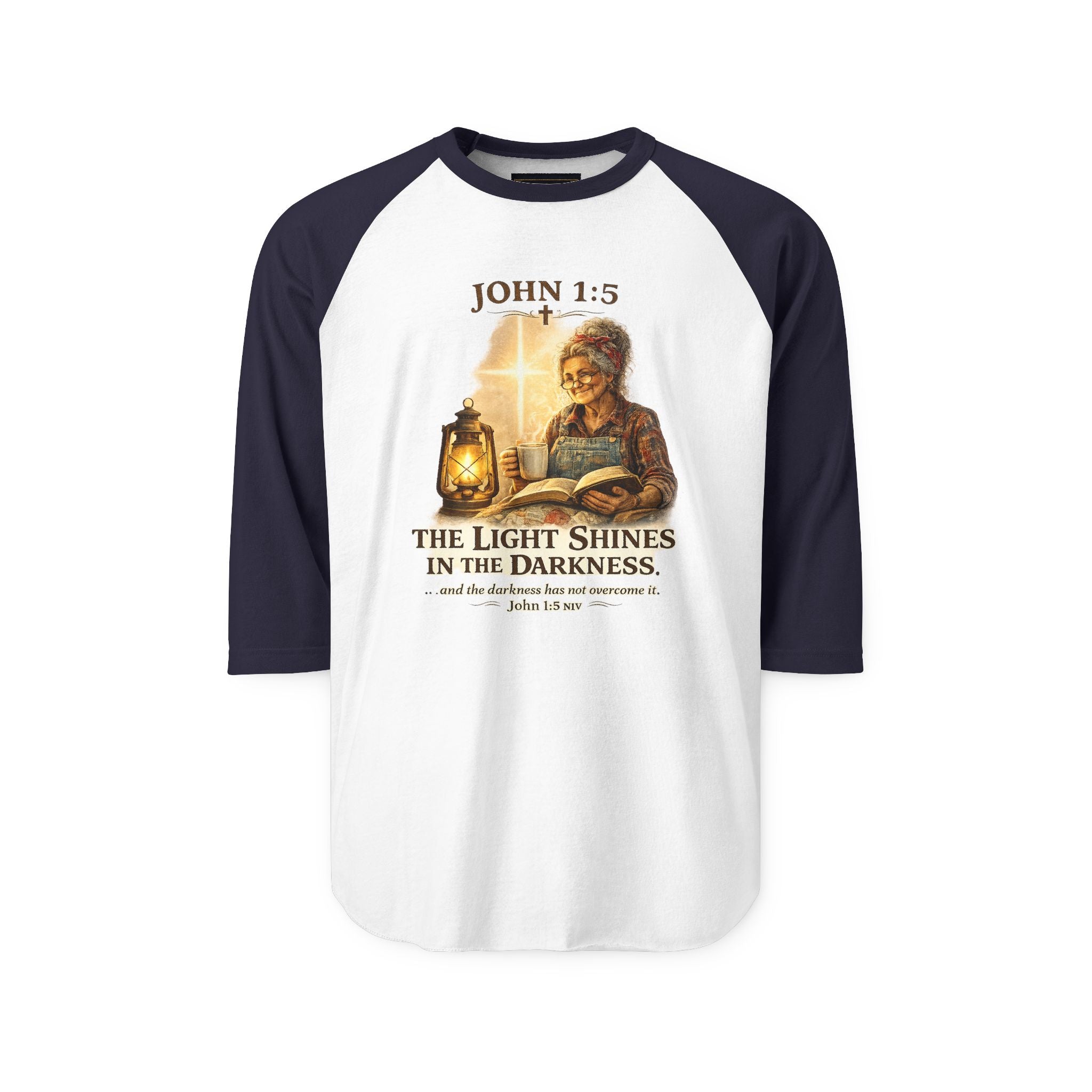 John 1:5 Lantern Graphic Raglan Shirt — "The Light Shines in the Darkness" Christian Baseball Tee