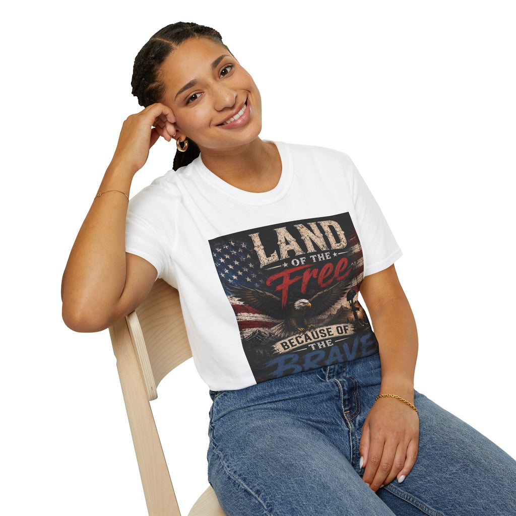 Land of the Free T‑Shirt — Vintage American Flag & Bald Eagle "Because of the Brave"