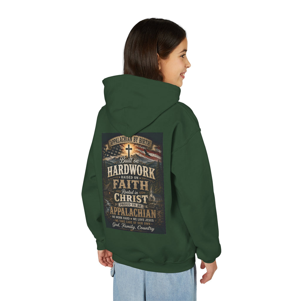 Youth Hoodie — 'Too Country to Care' / Appalachian Faith Graphic