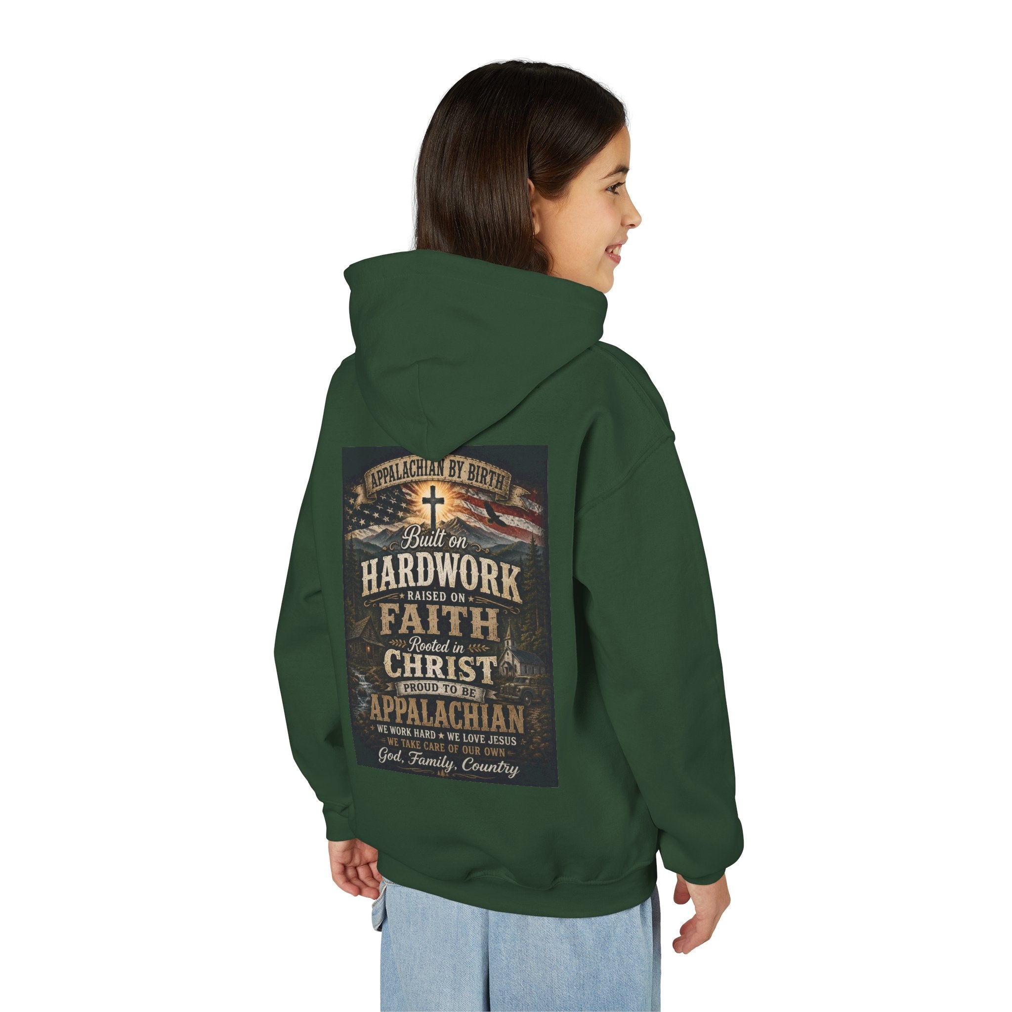 Youth Hoodie — 'Too Country to Care' / Appalachian Faith Graphic